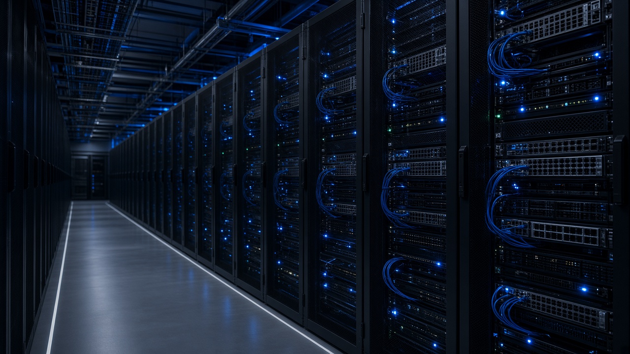 Enterprise data center with server racks and blue ambient lighting