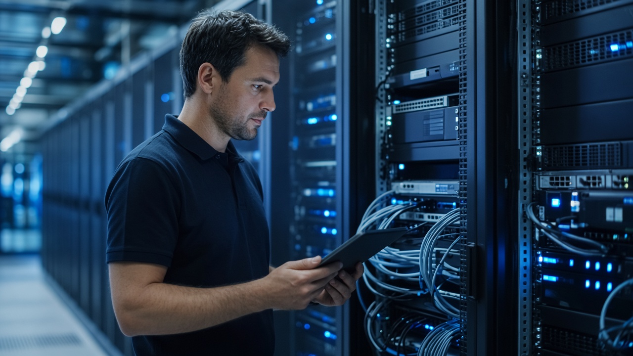IT engineer working at a server rack